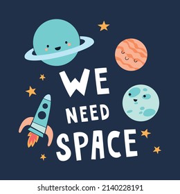 cute planets and rocket vector illustration