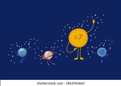 Cute planets in the Solar system. Cartoon universe in a circle of stars for children: Sun, Earth, Jupiter Venus. Children's space drawings of planets for children's textile design. Isolated clipart