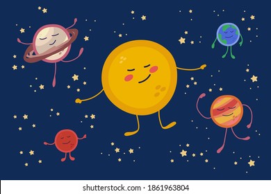 Cute planets in the solar system. Cartoon universe in a circle of stars for children: Sun, Earth, Moon, Mars, Jupiter, Venus. Beautiful space background for children's textile design. Cute planets and