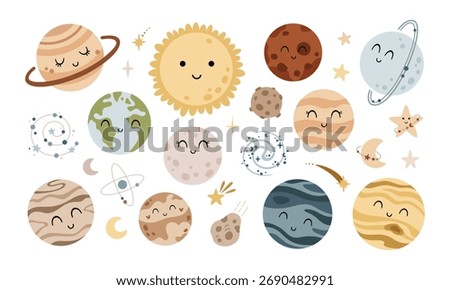 Cute planets and solar system clipart set for kids space design in cartoon style. Cosmos vector illustration.