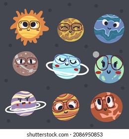 Cute planets of Solar system with happy faces. Funny celestial objects in outer space. Pretty astronomical bodies orbiting Sun. Astronomy for children. Childish flat cartoon vector illustration.