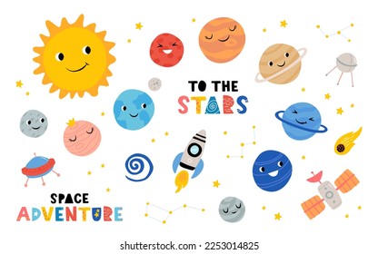 Cute planets of Solar system with happy faces. Funny celestial objects in outer space, rocket, ufo, satellite. Astronomy for children. Childish flat cartoon vector seamless pattern.