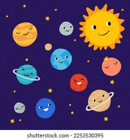 Cute planets of Solar system with happy faces. Funny celestial objects in outer space. Pretty astronomical bodies orbiting Sun. Astronomy for children. Childish flat cartoon vector illustration.