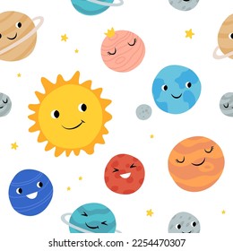 Cute planets of Solar system with happy faces. Funny celestial objects in outer space. Pretty astronomical bodies orbiting Sun. Astronomy for children. Childish flat cartoon vector seamless pattern.
