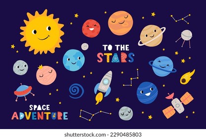 Planetas bonitos del sistema solar con caras felices. Objetos celestes divertidos en el espacio ultraterrestre, cohete, ufo, satélite. Astronomía para niños. Patrón sin fisuras del vector de caricatura plana infantil.