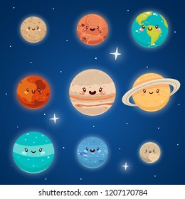 Cute planets of Solar system, Saturn, Mars, Neptune, Earth, Venus, Mercury, Jupiter, Uranus, Pluto, cartoon characters, vector.