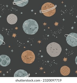 Cute planets in space. Hand drawn cosmos pattern. Space kawaii characters. Perfect for kids fabric, textile, nursery wallpaper. Vector illustration.