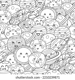 Cute planets space seamless pattern. Solar system planet characters black and white coloring page for adult and kids. Vector illustration