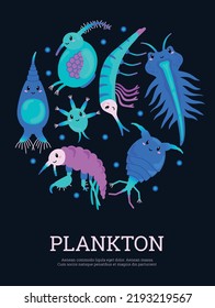 Cute Plankton Microorganisms, Poster Template With Text, Cartoon Flat Vector Illustration. Scientific Banner With Cute And Funny Zooplanktons. Underwater World Inhabitants.