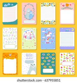 Cute planner children notebooks print design funny organizer greeting note card template vector illustration.