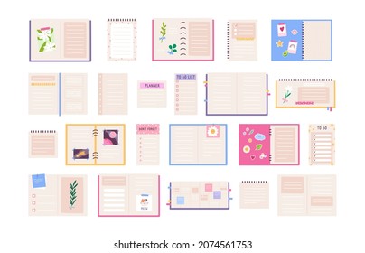 Cute planner, diary, journal, paper notebook and to do list. Decorated notepads with stickers, photos and flowers. Cartoon notes vector set. Pages for schedule, daily organizer, do not forget