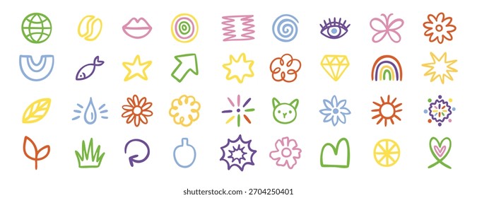 Cute planner doodle icons set sun cat grass leaf rainbow and more. Hand drawn. Vector illustration.