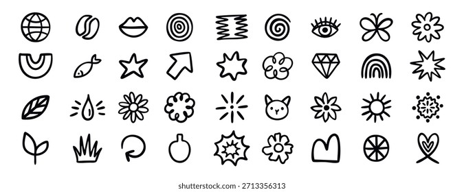 Ícones de doodle planejador bonito definir sol gato grama arco-íris folha e muito mais. Arte em linha monocromática, desenhada à mão. Ilustração vetorial.