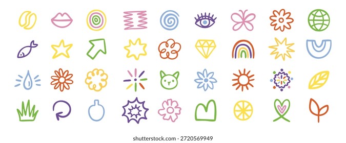 Cute planner doodle icons set sun cat grass leaf rainbow and more. Hand drawn. Vector illustration.
