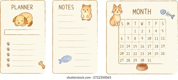 Planificador lindo, diario, Plantilla del diario en el tema lindo del animal doméstico Vector de la acuarela doodle aislado. Notas mensuales dulces y estilo caprichoso de la nota con el perro, el gato y el hámster