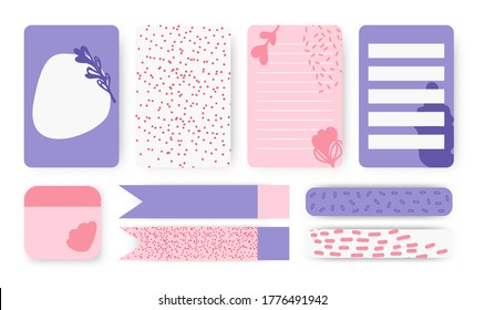 Cute planner notebook page set. Note paper, sticker and duct tape. To do list with abstract floral of hand drawn shapes. Template card great for printable kids organizer Background vector illustration