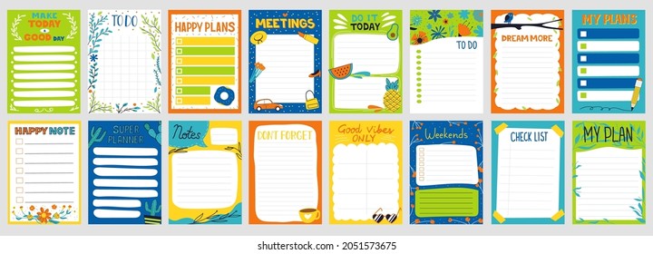 Cute Planner. Notepad To Do List. Paper Page With Colorful Decoration. Schedule Card And Memo Mockup. Organizer Sheets Templates Set. Kids School Stationery. Vector Agenda Collection