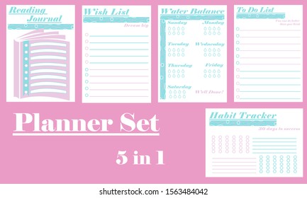 Cute Planner page set. Monthly planner template. Blank for notebook. Business organizer page. Paper sheet. Printable vector.  Habit tracker, wish list, water balance, reading journal. Blue and pink.