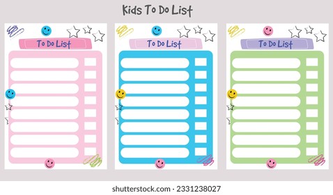Cute planner pages with stickers, notebook or diary template. Weekly planner, to do list, habit tracker kids journal page design vector set. Schedule, you can and plans checklist for print