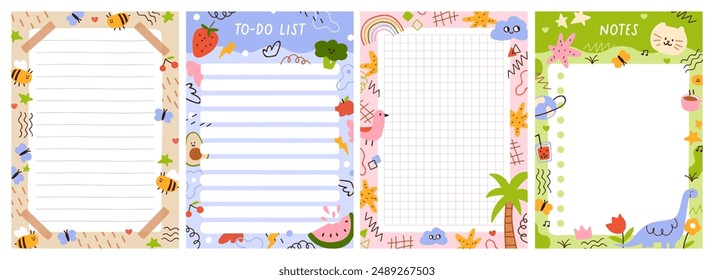 Cute planner papers set. Notebook page designs for memo notes, lists, ideas. Doodle framed backgrounds for colorful diaries, notepad in kids childish style. Printable flat vector illustration