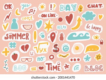 Plantilla de emoticones con dibujos animados y letras a la moda. Signos, símbolos, objetos para el programador u organizador. Ilustración del vector