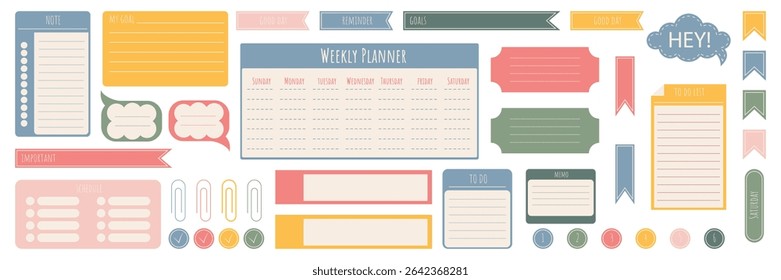 Cute planner stickers. Daily planner to-do stickers, templates for scrapbook, notebook, agenda, bookmarks, colorful labels. 