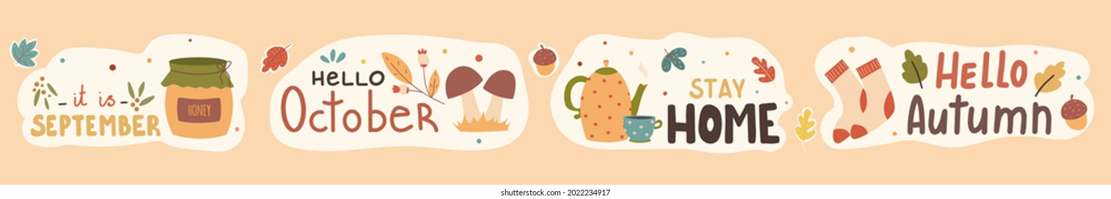 Cute planner stickers Fall season handwritten slogan stickers pack. Autumn phrases with cute and cozy design elements decorative bundle. Vector illustration