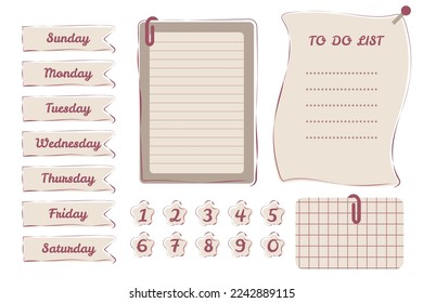 Cute planner stickers vector. Organizer notepad illustration. Printable planner stickers. Decorative planning list dairy
Days of the week pin vector