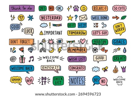 Cute planner stickers with words and tiny icons, butterfly and sparkles, colorful school doodle set, hand drawn. Vector illustration.