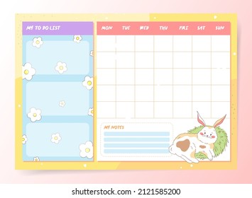 Cute planner template with bunny and flowers. To do list, goal planner and habit tracker on one page. Month organizer spring cute schedule isolated vector.