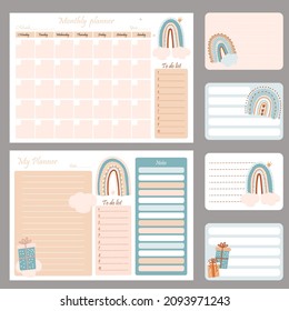 Cute planner templates - for day, week, month, to-do list. Scandinavian style organizer and schedule with notes and to-do list with rainbows and gifts. Vector illustration. A4 size.