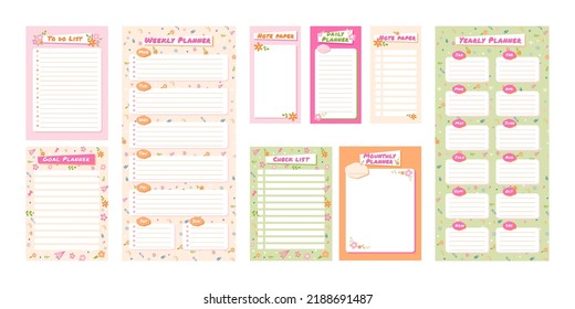 Cute planner templates. To do list with flower ornament, check list and note paper. Daily, weekly, monthly and yearly planners vector set. Organizer with pages for notes, time management