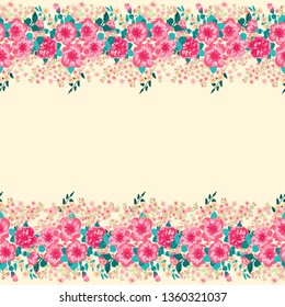 Cute plant border. Floral piece of garment print. Flower design for wallpapers, print, gift wrap and scrapbooking. Trendy 2020 colors