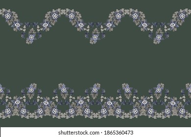 Cute plant border with flowers of aquilegia. Floral piece of garment print. Flower design for textile, dress, wallpapers, print, gift wrap and scrapbooking.