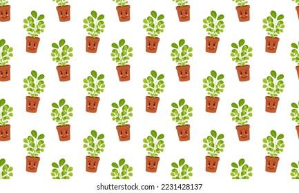 Cute plant characters in pot seamless pattern. Happy blossom home flowers background. Scrapbooking or wrapping paper design, fabric print. Vector cartoon illustration