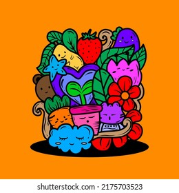 diseño de arte de doodle lindo con fondo naranja colorido, adecuado para el diseño de dibujos de doodle papel tapiz, pegatinas de portada de libros, cómics