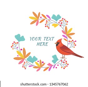 Cute plant frame with red cardinal bird and berries. Vector illustration