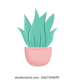 Lindas hojas de plantas en una olla. Ilustración vectorial aislada sobre fondo blanco.