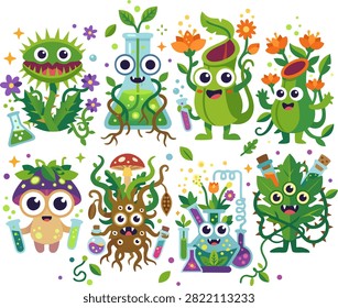 Cute plant monster and laboratory science experiment set featuring Venus flytrap, pitcher plant, magic mushroom, root creature, and potion flasks isolated on white background