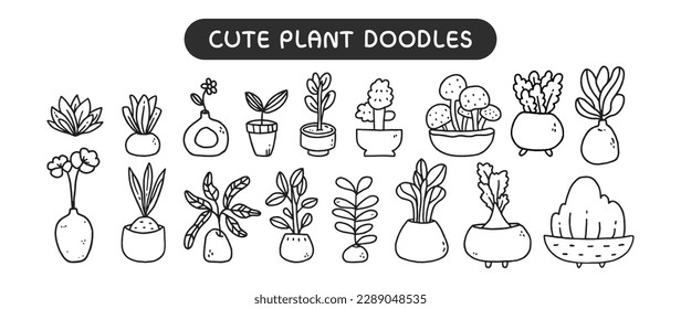 Cute plant outline doodle set 