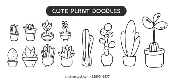 Cute plant outline doodle set 