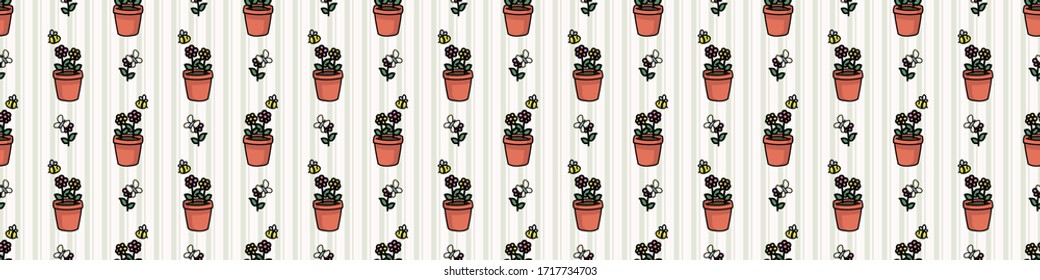 Cute plant pot with bugs seamless vector border. Hand drawn growing garden for stay home illustration. Bee and butterfly on flower all over print. Pollinating insect on blooms background. 