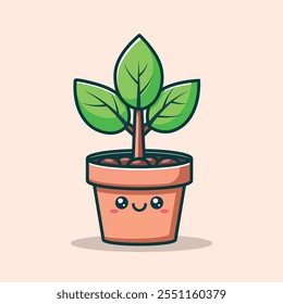 Cute Plant In Pot Cartoon Vector Icon Illustration. Nature Object Icon Concept Isolated Premium Vector. Flat Cartoon Style
