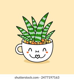 Cute plant in pot character. Cartoon vector illustration in kawaii style