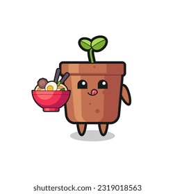 cute plant pot character eating noodles , cute style design for t shirt, sticker, logo element