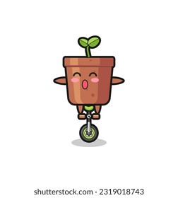 The cute plant pot character is riding a circus bike , cute style design for t shirt, sticker, logo element