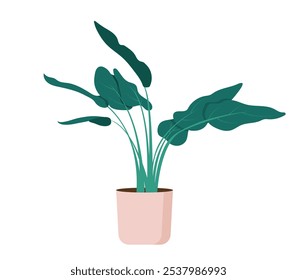 Ilustración vectorial plana de maceta de planta linda. Una Grande maceta con una planta verde frondosa. Se ve fresco y natural, añadiendo un acento botánico al interior.