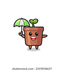 cute plant pot illustration holding an umbrella , cute style design for t shirt, sticker, logo element