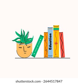 Cute Plant Pot near of Books – Cute Vector for Reading, Study, and Relaxation
