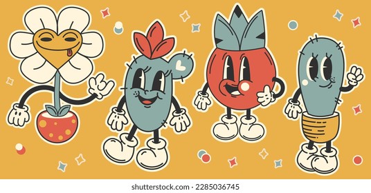 Cute plant stickers set y2k style.Collection little cartoon 60,70 years style flowers.Vector for print,postcard,post